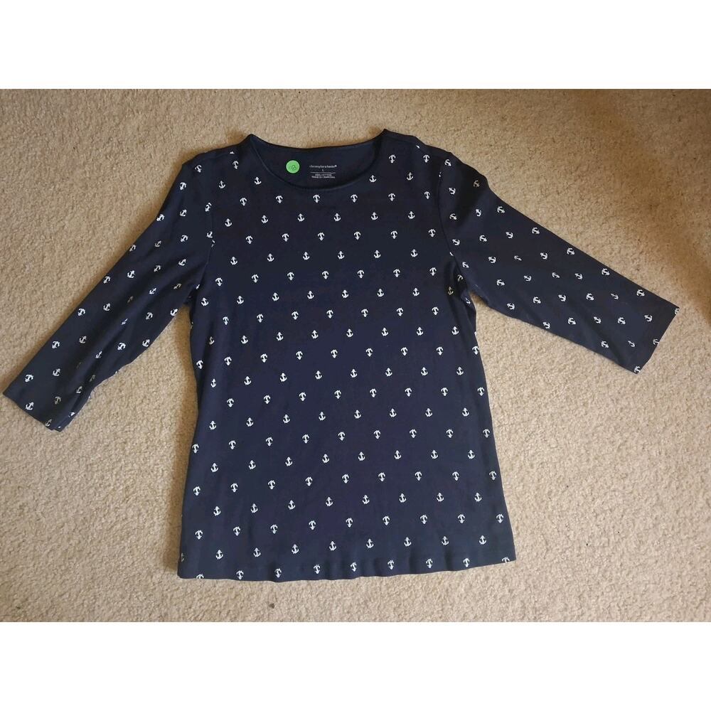 Christopher & Banks Navy Anchor Print 3/4 Sleeve Round Neck Knit Top L Cotton